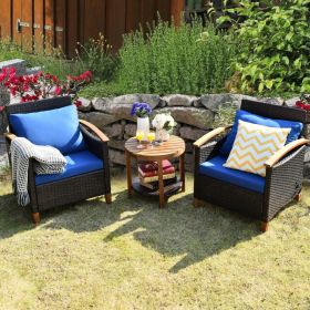 3 Pieces Patio Rattan Furniture Set with Washable Cushion and Acacia Wood Tabletop (Color: Blue)